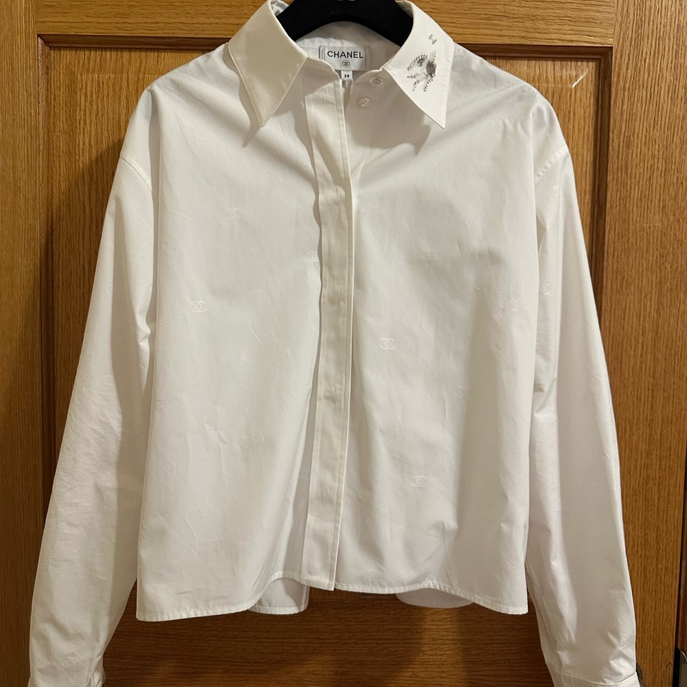CHANEL White Collared Shirt Sequin with Subtle Embossed CC detail
